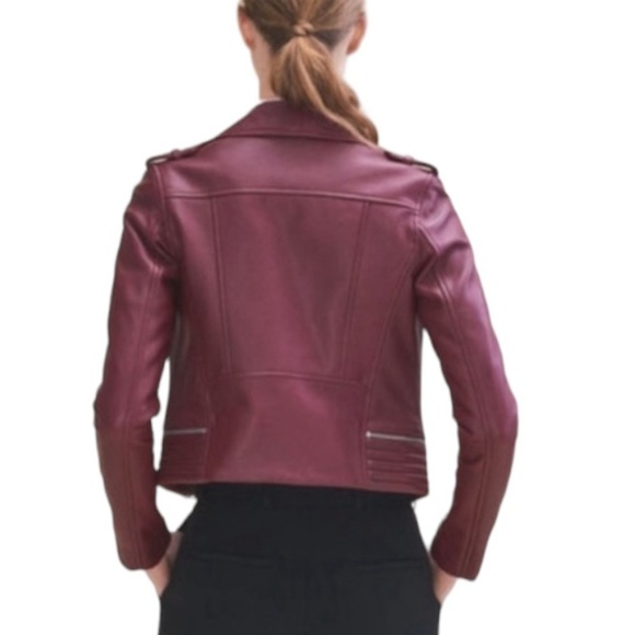 Maje Lamb Leather Bordeaux Basilta Moto Jacket NWOT in Burgundy - Picture 4 of 15